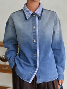 Dazy-Less Women's Light Blue D Patchwork Denim Top Business Casual Streetwear School Fall Everyday - Blue - View 4