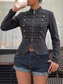 Muchica Women's Long Sleeve Zipper Front Casual Napoleon Denim Jacket Work Outfits For Women - Black - View 2