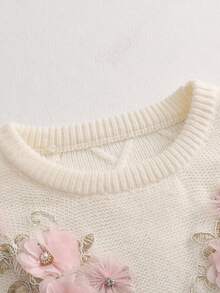 SHEIN Holidaya Sweater Lengan Panjang Wanita dengan Motif Bunga 3D Romantis dan Bahu Jatuh - Putih - View 5