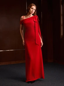 MOTF PREMIUM ELEGANT COMMUTER BOW DECOR LONG DRESS - Red - View 5
