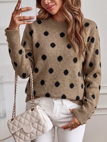 SHEIN LUNE 秋冬新款卡其色波點女款小圓領長袖金屬鈕扣休閒優雅日常通勤居家針織套頭毛衣 - 卡其色 - 查看 5