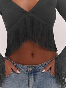 SHEIN BAE 女款純色V領長袖短版上衣，附流蘇下擺 - 深灰色 - 查看 8