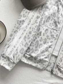 SHEIN 青少年女孩休閒淺灰色豹紋印花連帽衛衣運動褲2件套 - 淺灰色 - 查看 7