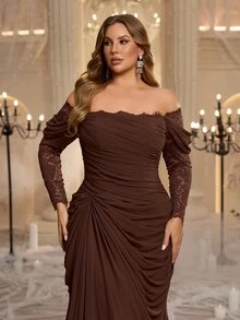 Glamrae Plus Size Elegant Glamorous Coffee Brown Cold Shoulder Lace Patchwork Heavy Embellishment Draped Evening Gown - Coffee Brown - View 4