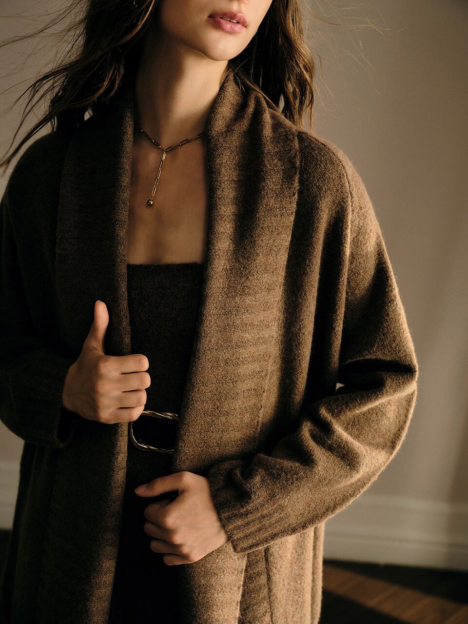 MOTF WOMEN'S AUTUMN/WINTER SOLID OPEN FRONT KNIT MID-LENGTH CARDIGAN