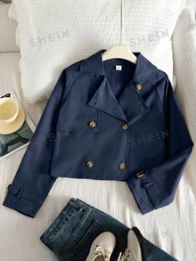 SHEIN Elladie kids 青少年女孩秋季純色翻領長袖雙排扣休閒短版風衣，度假風 - 藏蓝色 - 查看 4