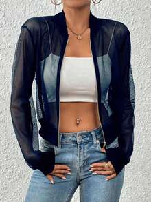 GlowEve Women's Mesh Hollow-Out Short Open-Front Casual Commuter Jacket - Navy Blue - View 3