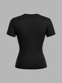 SHEIN EZwear 休閒極簡風黑色、灰色、紅色 3 件組女款圓領修身長版短袖 T 恤套裝，適合夏季 - 彩色 - 查看 8
