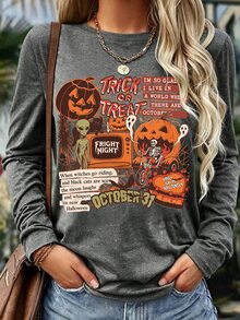 Breezaya Plus Size Halloween, Witch Hat Print Women's Long Sleeve, Crew Neck Top, Suitable For Daily Wear - Dark Grey - View 1