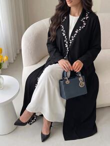 Al Najma Plus Size Women's Floral Embroidered Trim Lapel Neck Long Sleeve Abaya - Black - View 5