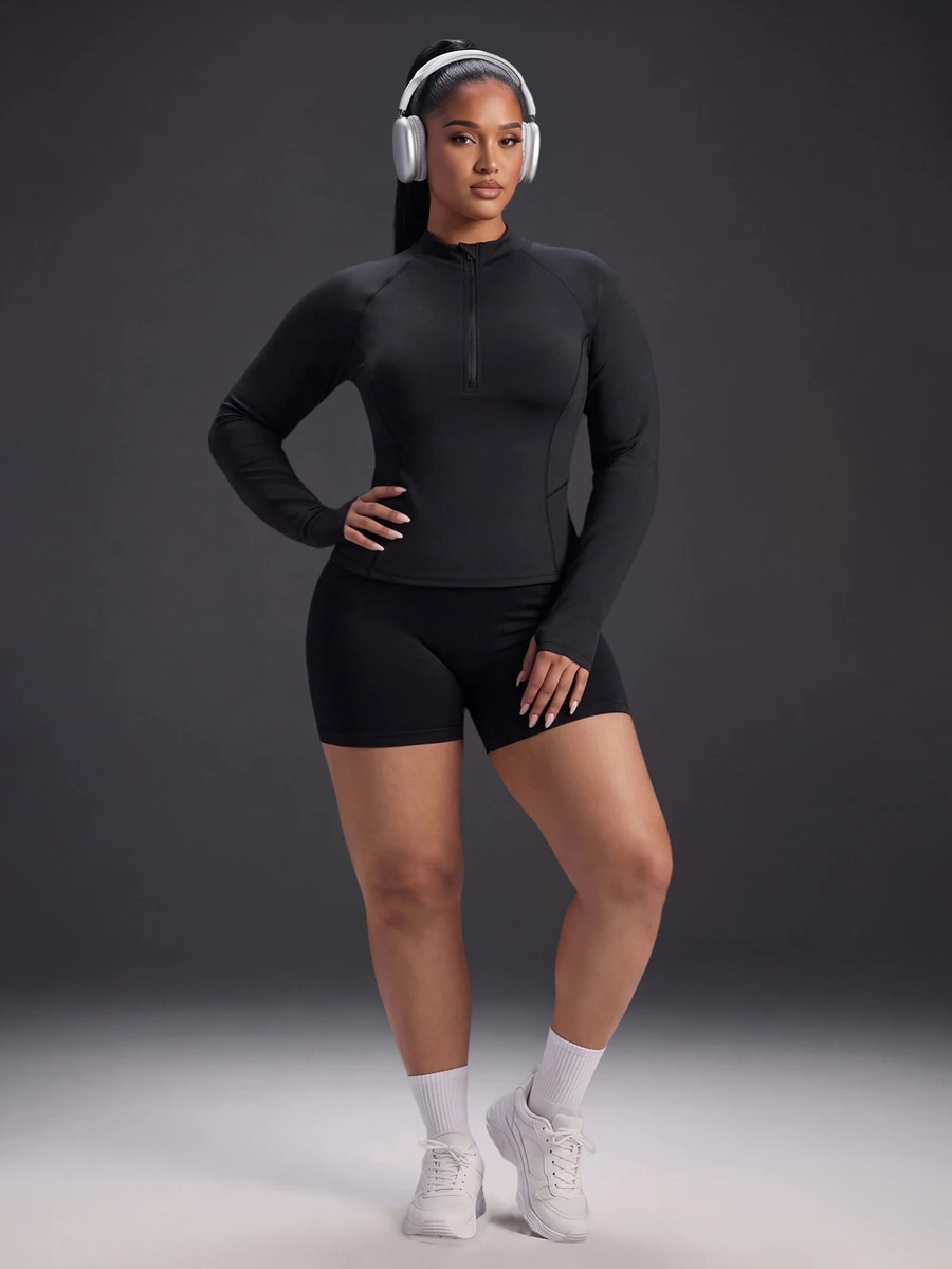 Powerista Women's Plus Size Solid Color Raglan Long Sleeve Zipper Design Sports Sweatshirt Fleece-Trimmed Long-Sleeved For Autumn And Winter Running Workout - Black - View 1