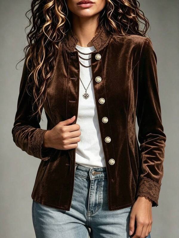 Omancia Women's Solid Color Long Sleeve Single-Breasted Casual Jacket