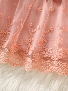 SHEIN 2件組新生女嬰公主風甜美粉色3D花朵蝴蝶結蕾絲網紗長袖派對禮服，秋冬生日洗禮棉質蓬蓬裙洋裝 - 藕粉色 - 查看 9