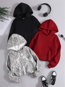 SHEIN 兒童 3件組 青少年女孩寬鬆休閒灰色與黑色葉子印花柔軟舒適連帽衫套裝 秋冬款 - 彩色 - 查看 2