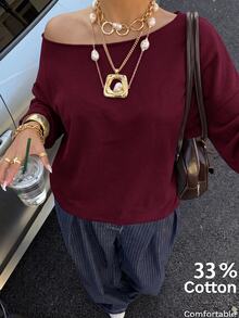 SHEIN EZwear 酒紅色女款露肩寬鬆休閒長袖衛衣 34%棉 - 酒紅色 - 查看 2
