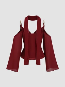 Sweetra Women's Elegant Commute & Vacation Versatile Long Sleeve & Cold Shoulder Design Comfortable Casual Burgundy Blouse - Burgundy - View 2