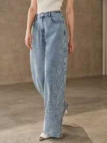 Anewsta 時尚現代四季通用刺繡百搭通勤休閒女款水洗藍牛仔褲 - 中等水洗藍 - 查看 3