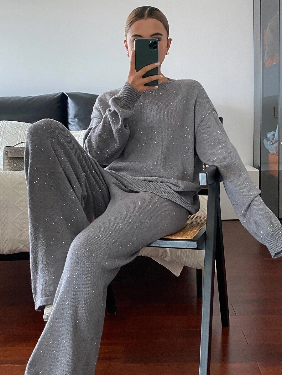 DAZY Women's 2pcs Set Gray Casual Loose Crew Neck Long Sleeve Sweater And Straight Leg Pants, Autumn - Grey - View 1