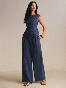 Poéselle Women's Striped Asymmetrical Hem Shirt And Wide Leg Pants Casual 2 Pieces Set - Navy Blue - View 4