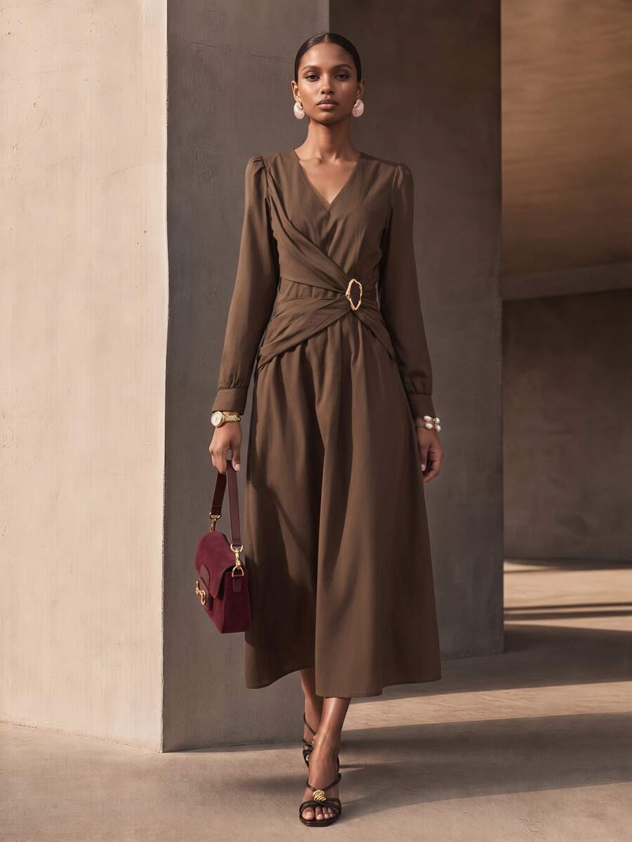 Vesra Women's Elegant Commute Solid Color Waist-Cinching Midi Dress - Brown - View 1