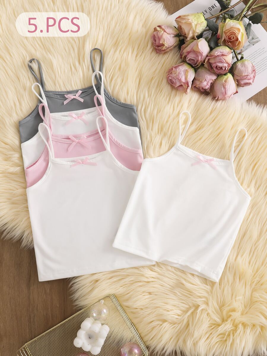 SHEIN 5件組女童幼兒無袖圓領夏季白色灰色粉色蝴蝶結裝飾內搭背心,平滑輕量針織休閒日常背心,秋冬款 - 彩色 - 查看 1