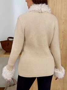 SHEIN كارديجان محبوك كاجوال بأكمام طويلة من الفرو الصناعي بتصميم مرقع للحوامل - كاكي - مشاهدة 2