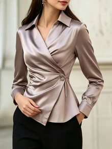 SHEIN Women's Elegant Satin Premium Asymmetric Collar Button-Down Shirt - Dusty Purple - View 4