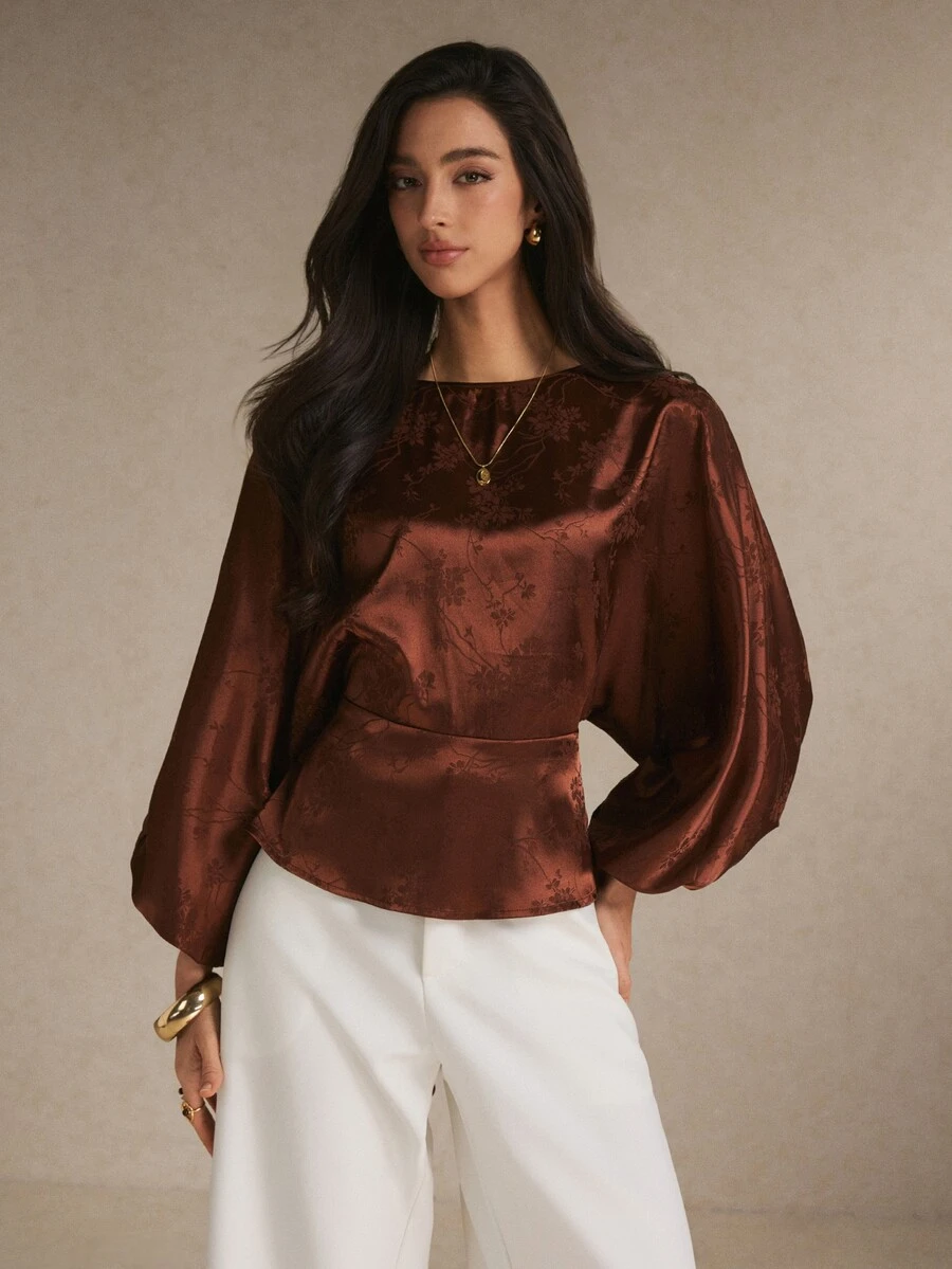 Poéselle Women's Jacquard Boat Neck Batwing Long Sleeve Elegant Blouse - Brown - View 1