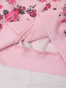 SHEIN 青少年女孩返校休閒花卉數位印花棒球夾克 羅紋袖口 春秋款 - 粉色 - 查看 7