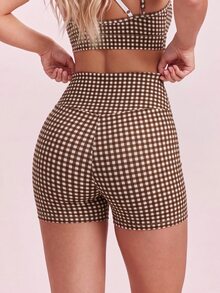 SHEIN Sovereign Charm Women's Plaid Ultra Short Camisole Shorts Sports Set - Coffee Brown - View 5