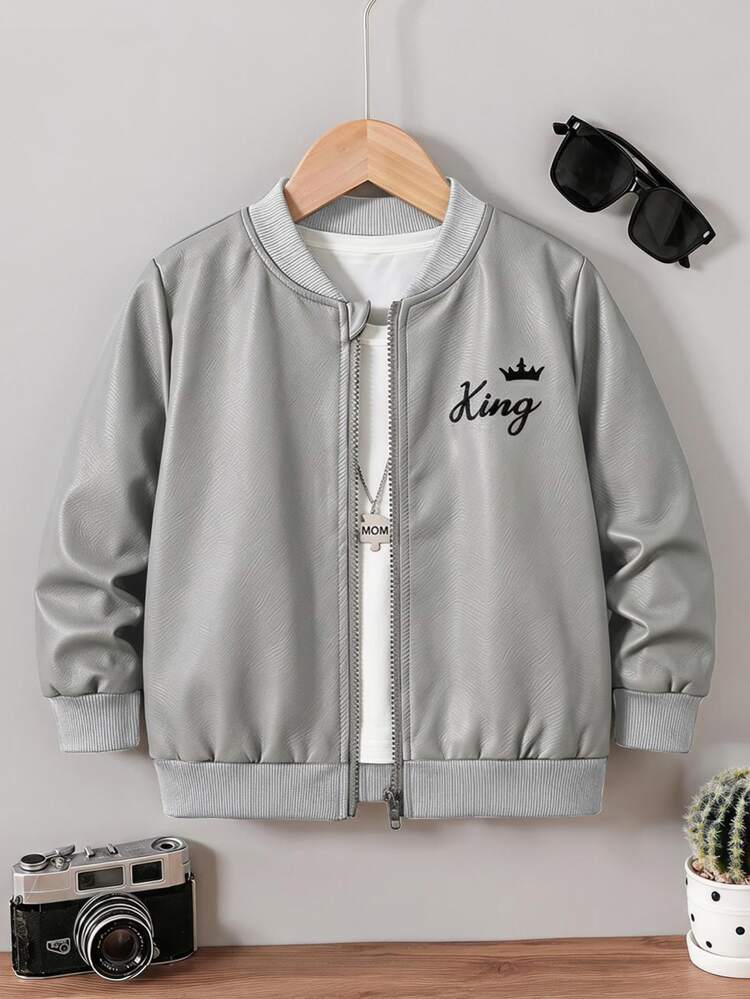 New Boys' Energetic Black PU Leather Long Sleeve Zip-Up Cardigan Jacket, Fashionable Embroidered Pattern, Comfortable Fabric, Stylish Fit, Autumn/Winter New Style, Suitable For Multiple Seasons And Occasions, Young Boy Outfit, Little Boys' Summer/Autumn Set - Grey - View 3