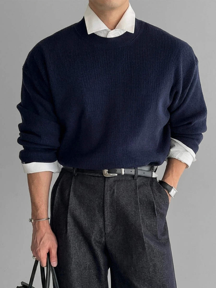 DAZY Spring/Autumn Navy Blue Long Sleeve Crew Neck Loose Fit Men's Sweater - Navy Blue - View 1