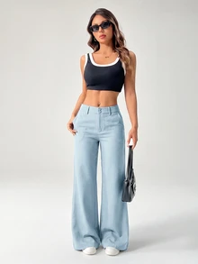 SHEIN PETITE 新款秋冬低腰休閒個性西裝長褲 - 淺藍色 - 查看 6