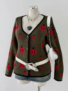 Sunspun Plus Size Women Animal Print Color Block Trim Cute Y2K Vintage Halloween Sweater Cardigan Autumn/Winter Back To School Season - Dark Green - View 4