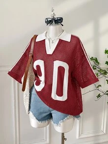SHEIN EZwear 大尺碼女款數位印花落肩針織鏤空上衣 - 紅色 - 查看 8