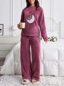 SHEIN Solid Color Cute Sleepy Bunny Moon Embroideried Plush Casual Fuzzy Pajama Set - Navy Blue - View 3