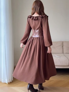 Feyla Đầm nữ dáng dài vừa màu trơn phối patchwork, cổ vuông, tay lồng đèn, thắt eo, phong cách thanh lịch - màu nâu - Xem 6