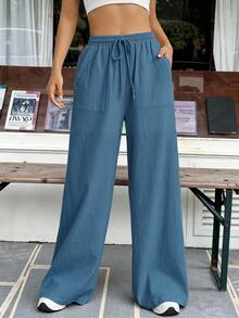 SHEIN EZwear 休閒寬鬆藍色梭織長褲 - 藍色 - 查看 3