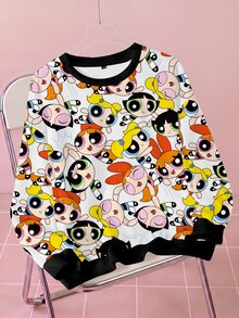 THE POWERPUFF GIRLS X SHEIN Plus Size Women's Crew Neck Long Sleeve Casual Sweatshirt - White - View 1