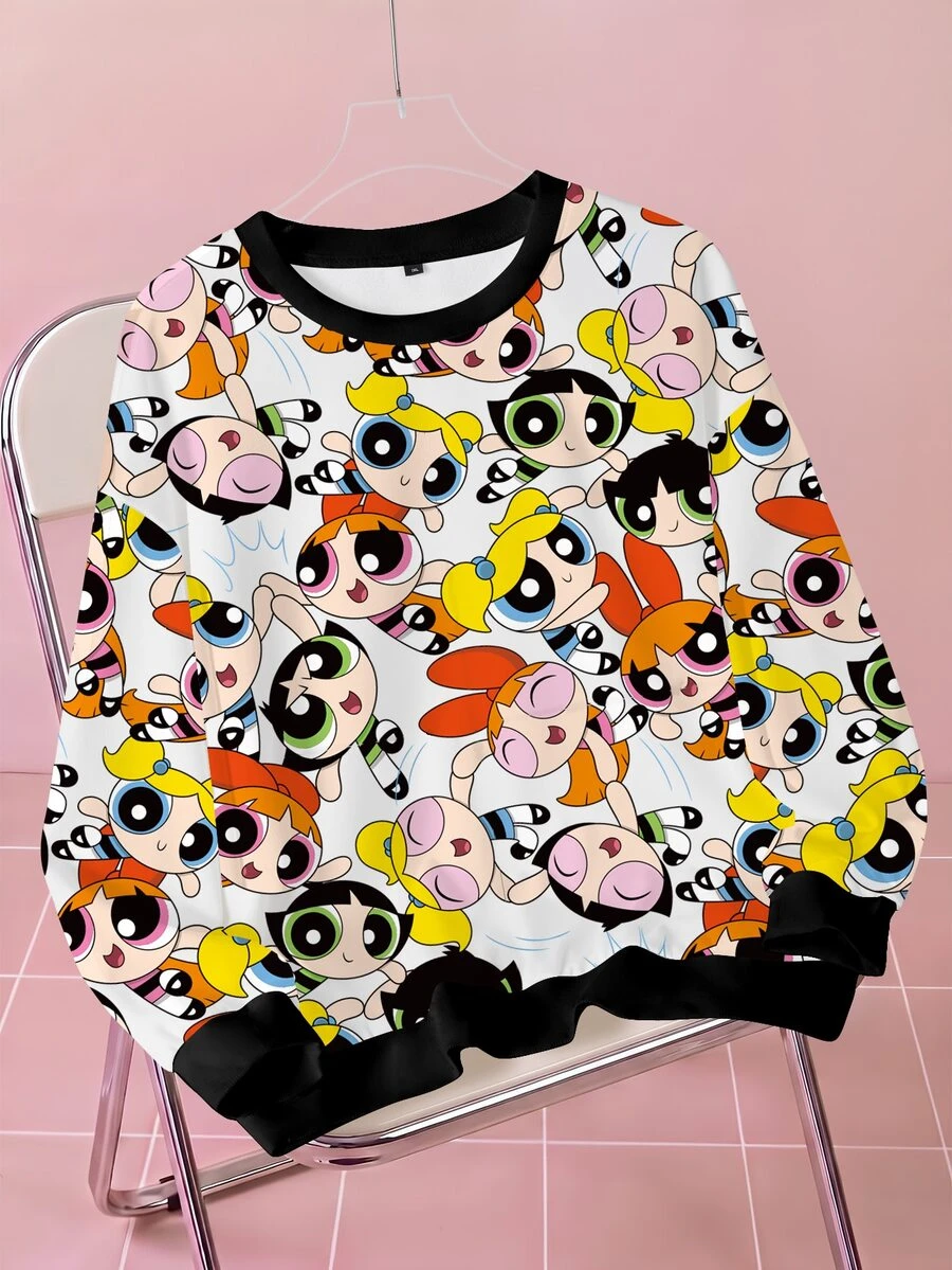 THE POWERPUFF GIRLS X SHEIN Plus Size Women's Crew Neck Long Sleeve Casual Sweatshirt - White - View 1