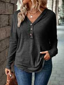 SHEIN LUNE Casual V-Neck Button Long Sleeve T-Shirt Top - Dark Grey - View 1