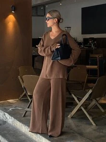 DAZY Autumn/Winter V-Neck Loose Drop Shoulder Sweater & Wide Leg Long Pants Casual Commute Daily Women's Knitwear Two Pieces Set - Coffee Brown - View 3