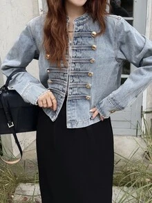 FRIFUL Women's Long Sleeve Zipper Front Casual Napoleon Denim Jacket - Blue - View 6