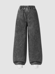 SHEIN 少女牛仔寬腿褲，春夏新品，休閒波希米亞風節慶平腰口袋寬腿牛仔褲，日常OOTD必備，淺洗黑牛仔色，春夏度假，彈性腰帶設計，寬鬆直筒寬腿版型，舒適棉質牛仔面料，百搭T恤，春夏度假，日常出遊，聚會，春夏牛仔度假出遊，棉質面料 - 黑色 - 查看 2