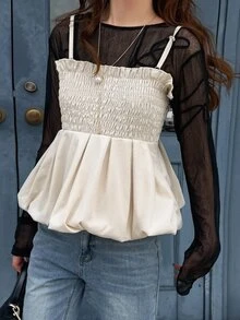 FRIFUL Women's Summer Casual Solid Color Bud Strap Top Vacation - Apricot - View 6