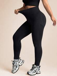 SHEIN Rhythm Era Seamless High Elasticity Plus Size Women's Sports Leggings - Black - View 3