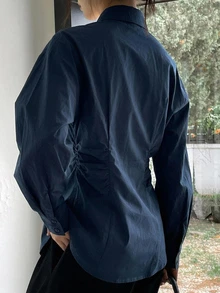 DAZY Blusa de mujer con cuello de solapa y cintura ceñida, estilo casual de negocios, nueva para otoño - Azul Marino - Ver 2