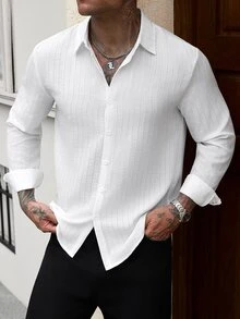 Manfinity CasualCool Men's Casual White Long Sleeve Single-Breasted Shirt - White - View 5