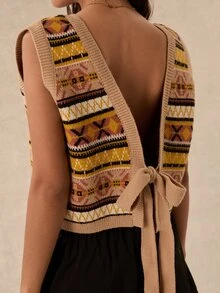 Easelle Vintage Bohemian Lace-Up Pattern Women's Knitted Top - Multicolor - View 2