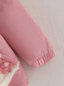 SHEIN 1件女童冬季新款毛絨內裡拉鍊開襟衫，附彈性腰部與連帽，百搭時尚防寒外套，適合戶外與通勤 - 粉色 - 查看 7